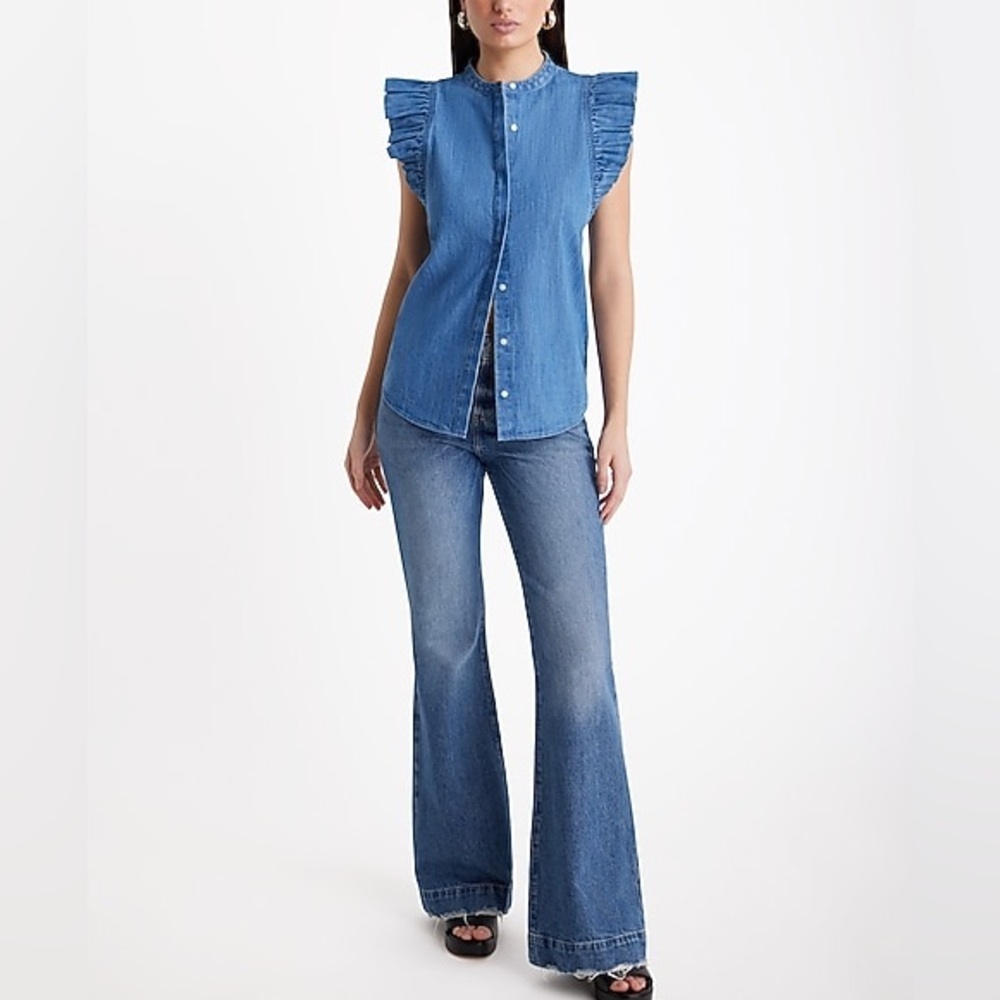 Express Denim Flutter Blue Ruffle Sleeve Button Up Blouse Sz S - Picture 1 of 13